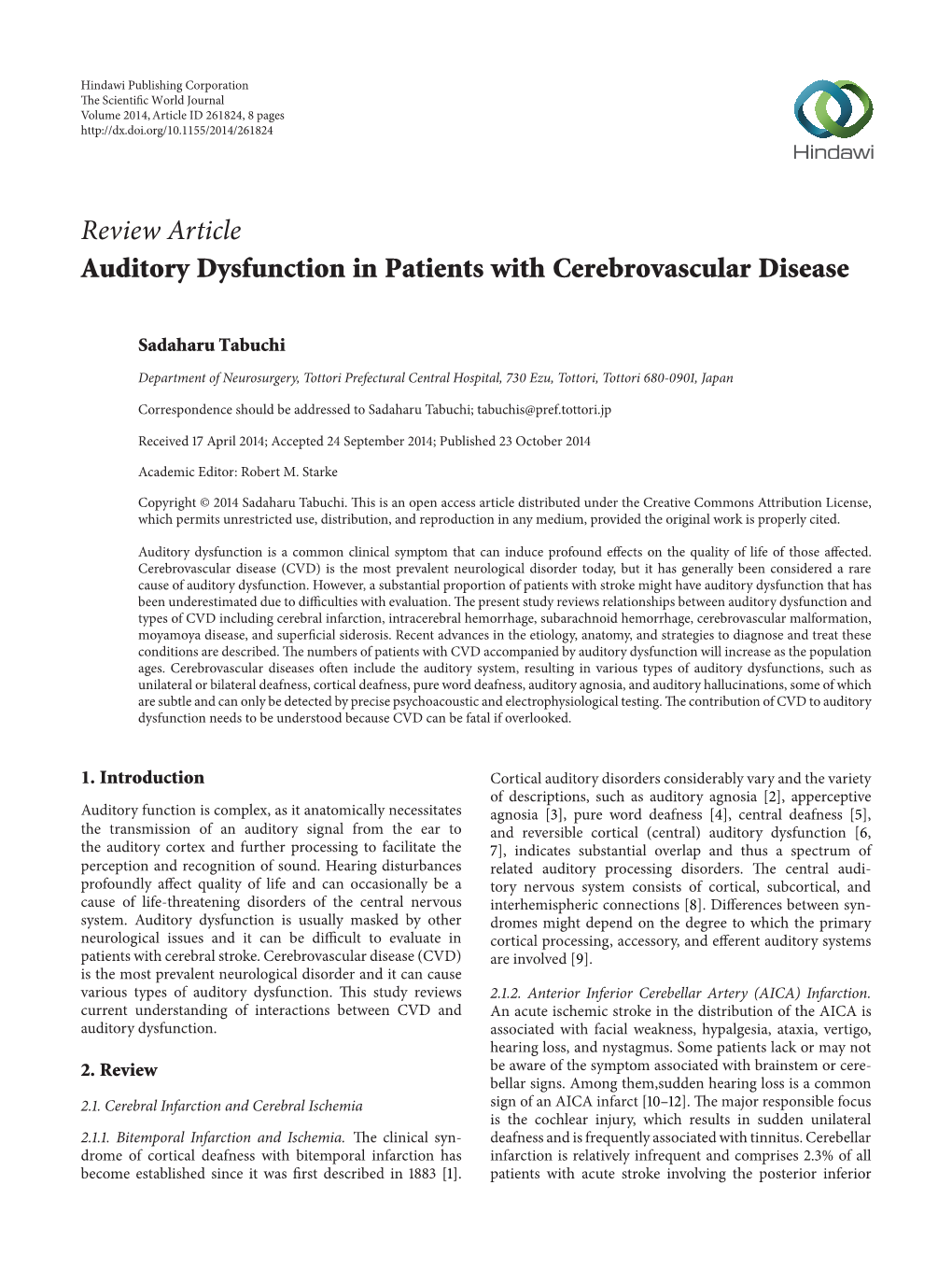 Review Article Auditory Dysfunction in Patients with Cerebrovascular Disease