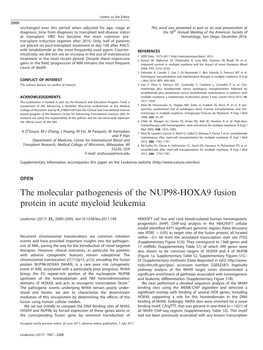 The Molecular Pathogenesis of the NUP98-HOXA9 Fusion Protein in Acute Myeloid Leukemia