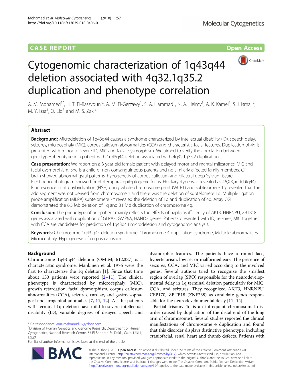 Cytogenomic Characterization of 1Q43q44 Deletion Associated with 4Q32.1Q35.2 Duplication and Phenotype Correlation A