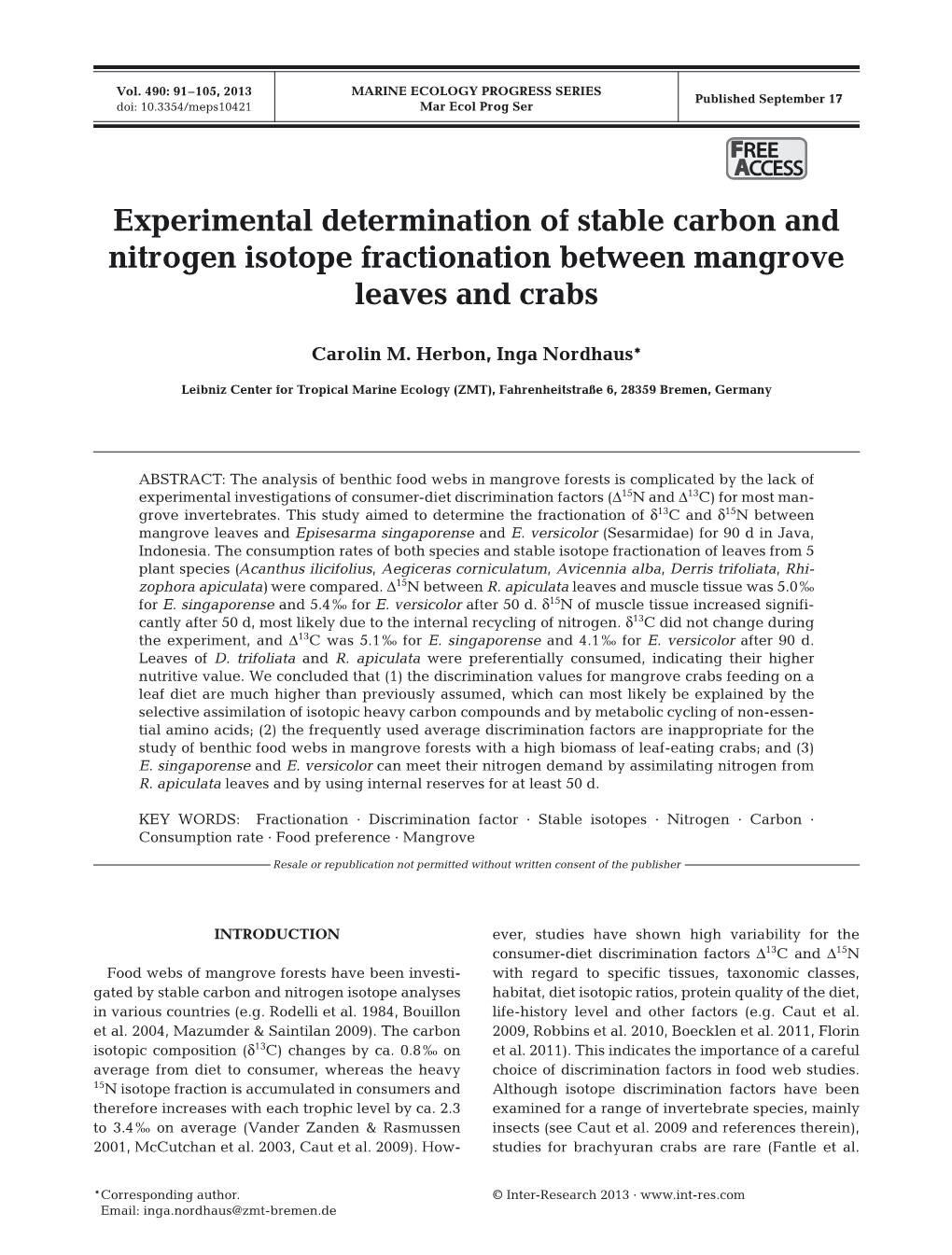 Experimental Determination of Stable Carbon and Nitrogen Isotope Fractionation Between Mangrove Leaves and Crabs