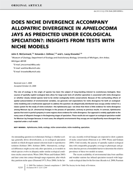 Does Niche Divergence Accompany Allopatric Divergence in Aphelocoma Jays As Predicted Under Ecological Speciation?: Insights from Tests with Niche Models