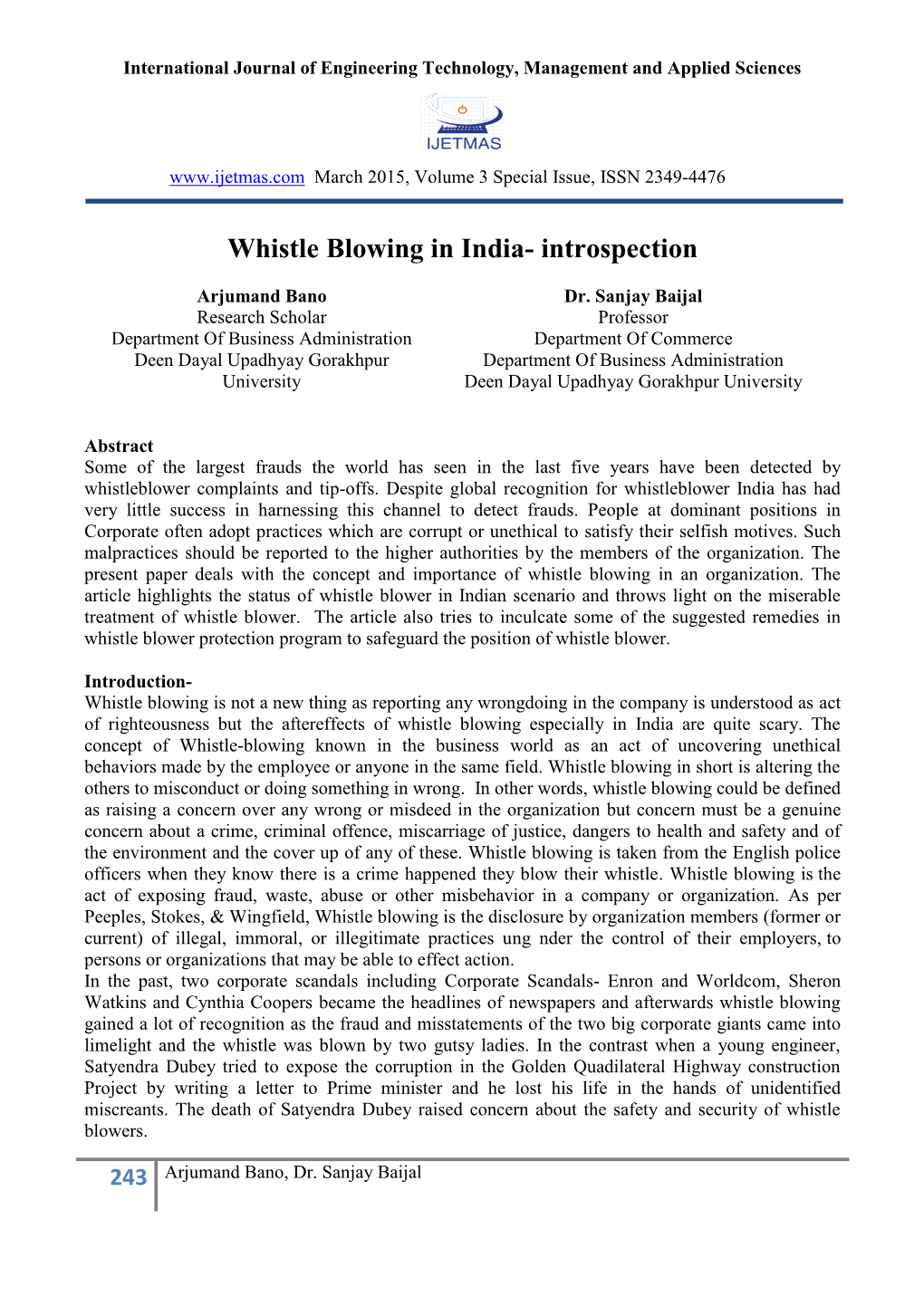 Whistle Blowing in India- Introspection