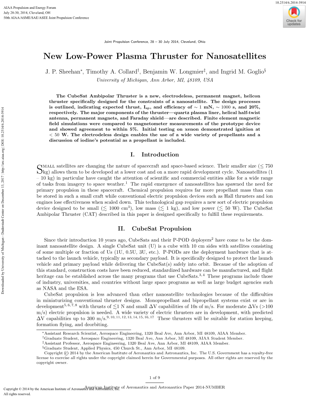 New Low-Power Plasma Thruster for Nanosatellites