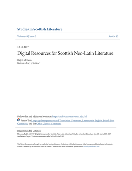 Digital Resources for Scottish Neo-Latin Literature Ralph Mclean National Library of Scotland