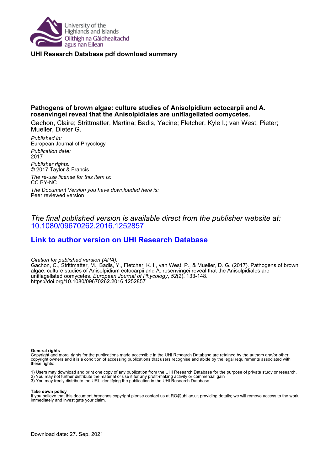 The Final Published Version Is Available Direct from the Publisher Website At: 10.1080/09670262.2016.1252857 Link to Author Version on UHI Research Database