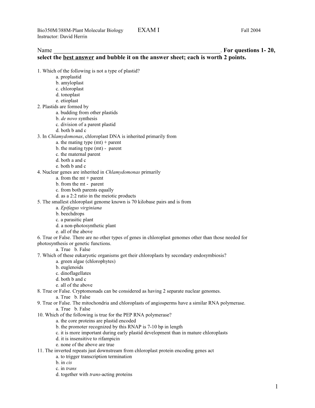 Bio350m/388M-Plant Molecular Biology EXAM I Fall 2004