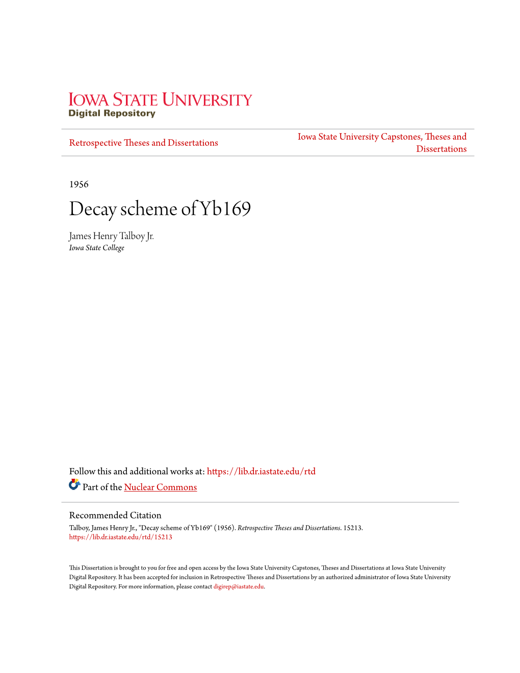 Decay Scheme of Yb169 James Henry Talboy Jr