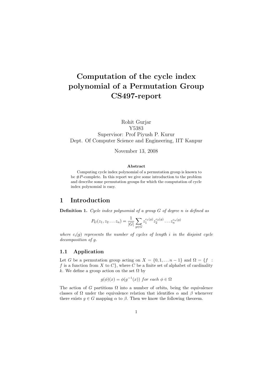 Computing Cycle Index Polynomial of a Permutation Group Is Known to Be #P -Complete