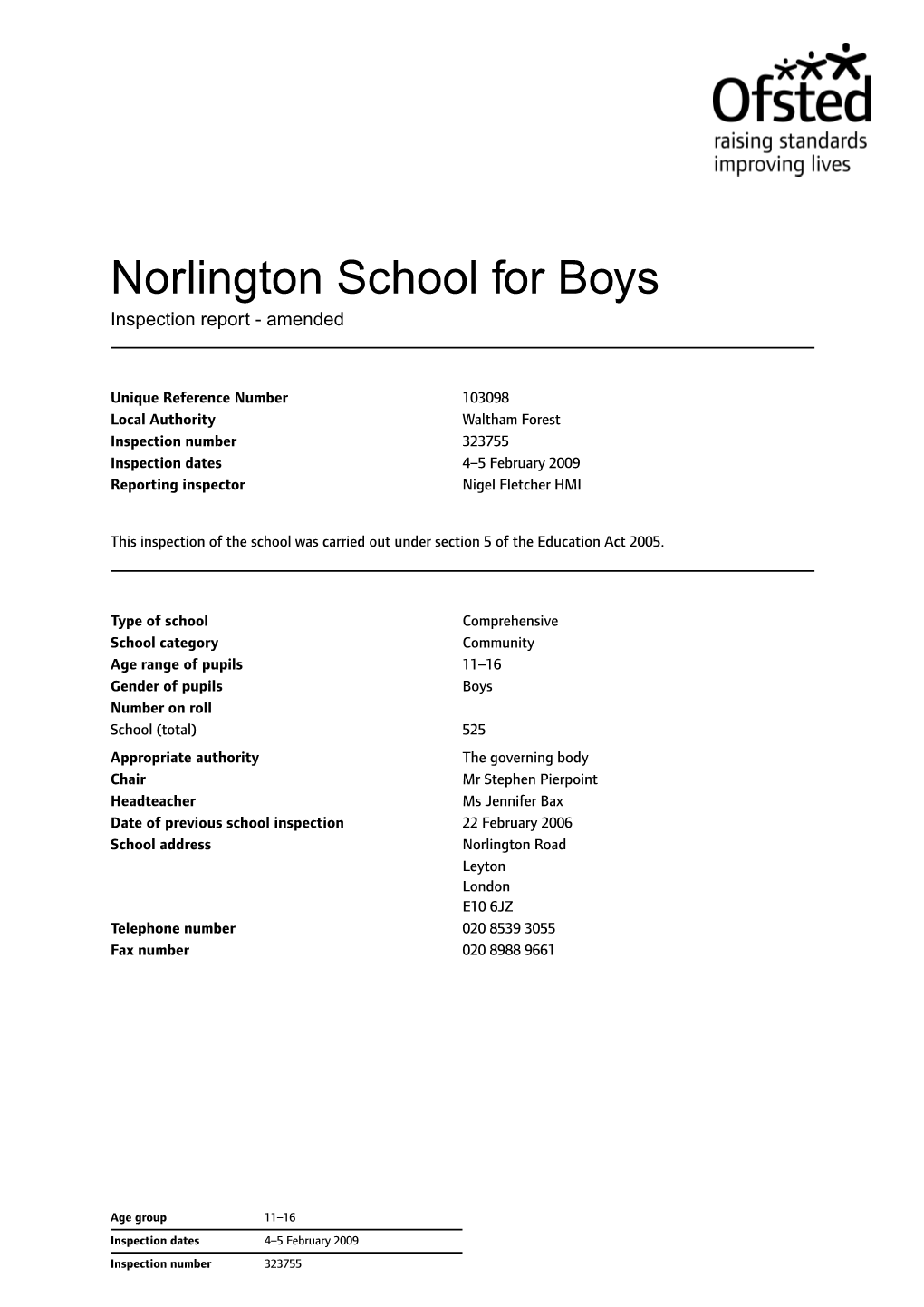 Norlington School for Boys Inspection Report - Amended