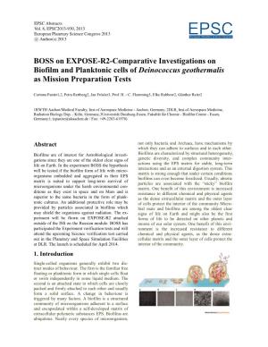 BOSS on EXPOSE-R2-Comparative Investigations on Biofilm and Planktonic Cells of Deinococcus Geothermalis As Mission Preparation Tests