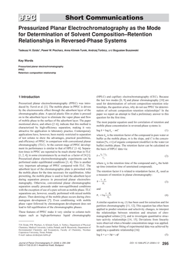 Short Communications Pressurized Planar Electrochromatography As the Mode for Determination of Solvent Composition–Retention Relationships in Reversed-Phase Systems