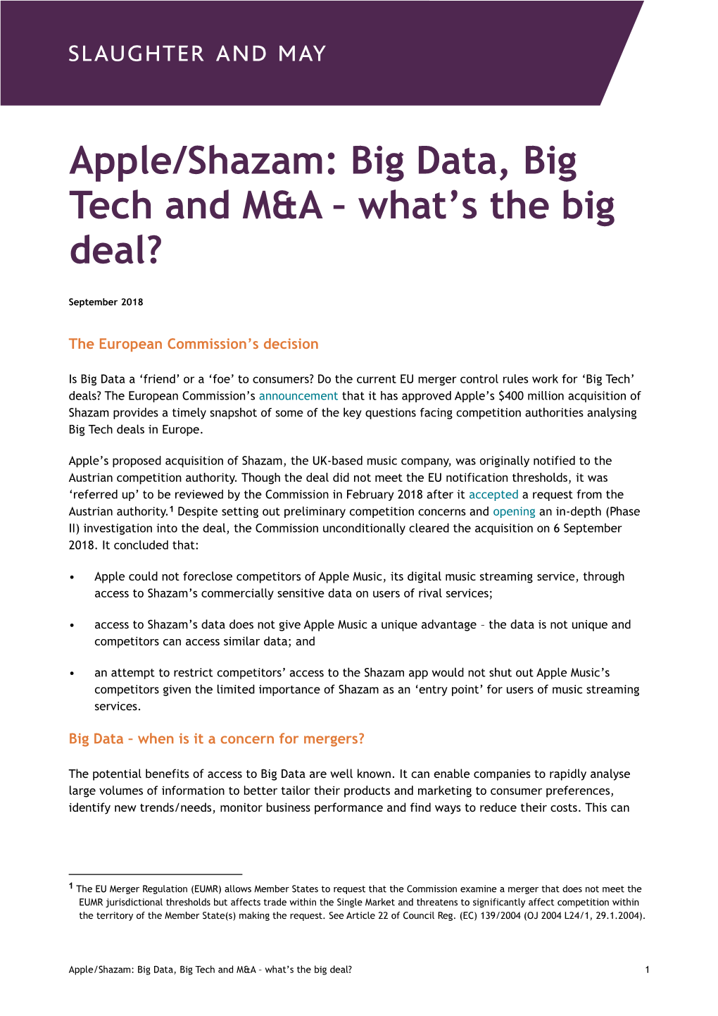 Apple/Shazam: Big Data, Big Tech and M&A – What's the Big Deal?