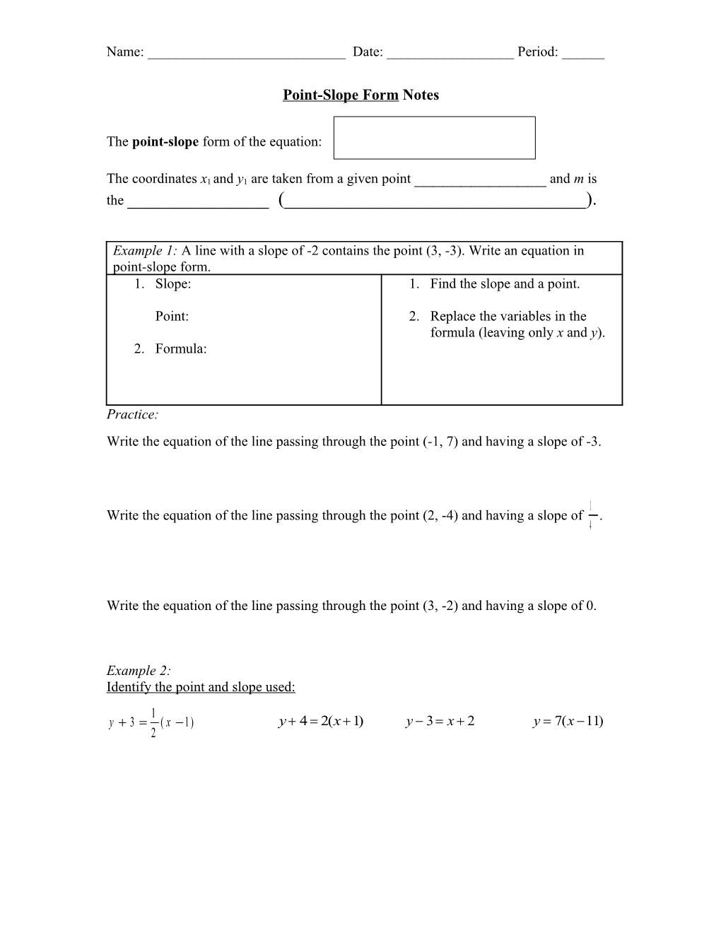 Point-Slope Form Notes