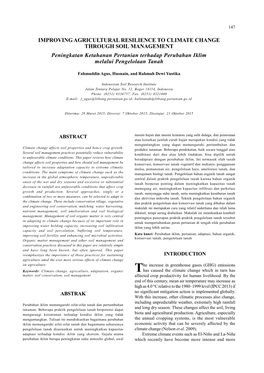 IMPROVING AGRICULTURAL RESILIENCE to CLIMATE CHANGE THROUGH SOIL MANAGEMENT Peningkatan Ketahanan Pertanian Terhadap Perubahan Iklim Melalui Pengelolaan Tanah