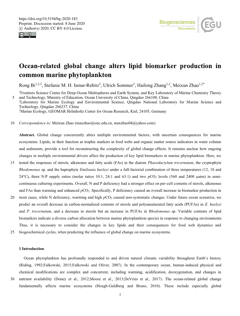 Ocean-Related Global Change Alters Lipid Biomarker Production in Common Marine Phytoplankton Rong Bi1,2,3, Stefanie M