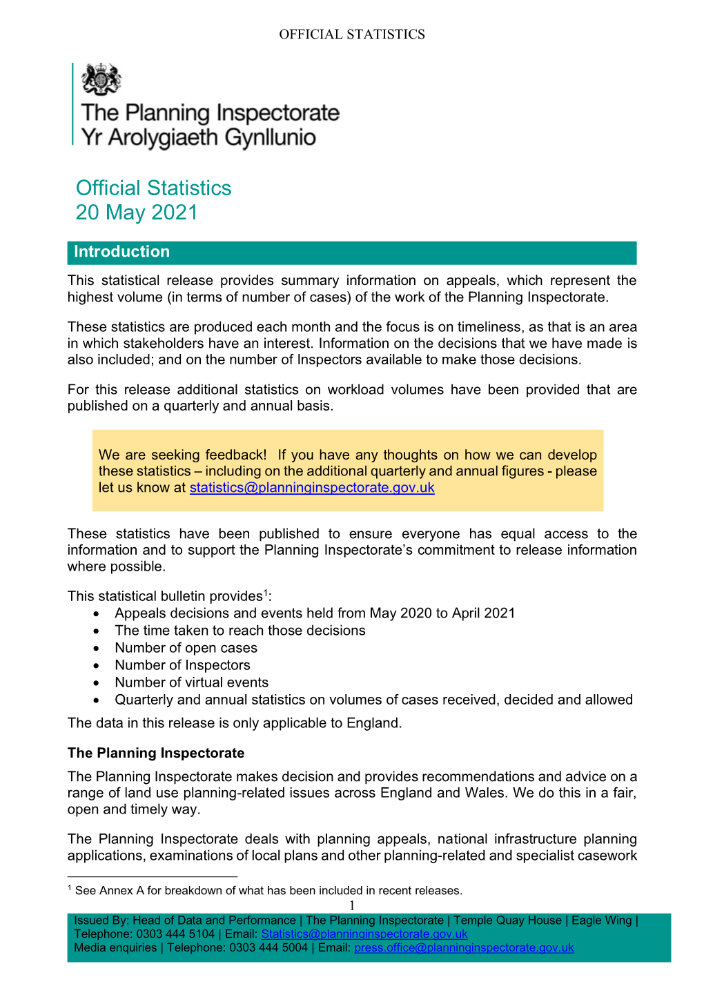 Planning Inspectorate Statistical Release 20 May 2021