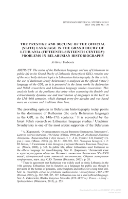 Downloaded from Brill.Com09/28/2021 07:14:40AM Via Free Access 2 ARTŪRAS DUBONIS Position, Defending It in Discussions with Lithuanian and Ukrainian Scholars
