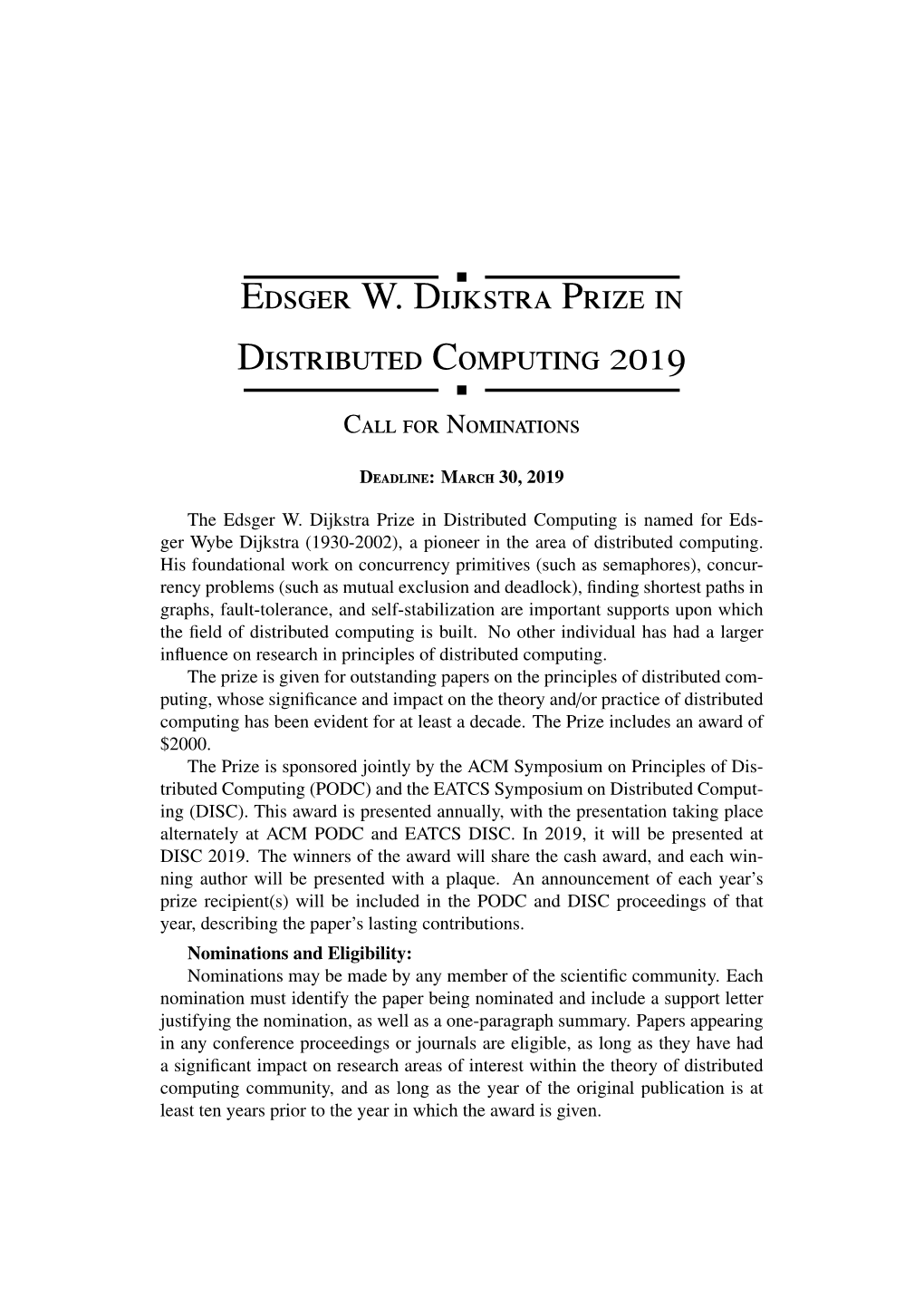 Edsger W. Dijkstra Prize in Distributed Computing 2019