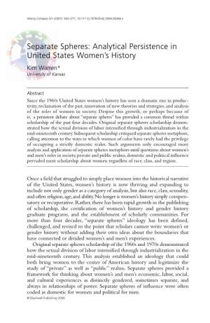 Separate Spheres: Analytical Persistence in United States Women’S History Kim Warren* University of Kansas