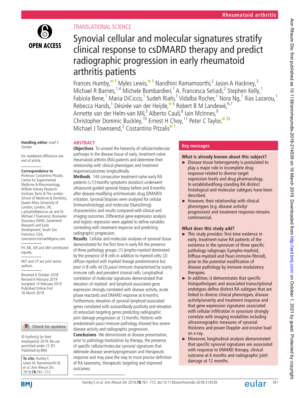 Synovial Cellular and Molecular Signatures Stratify Clinical Response