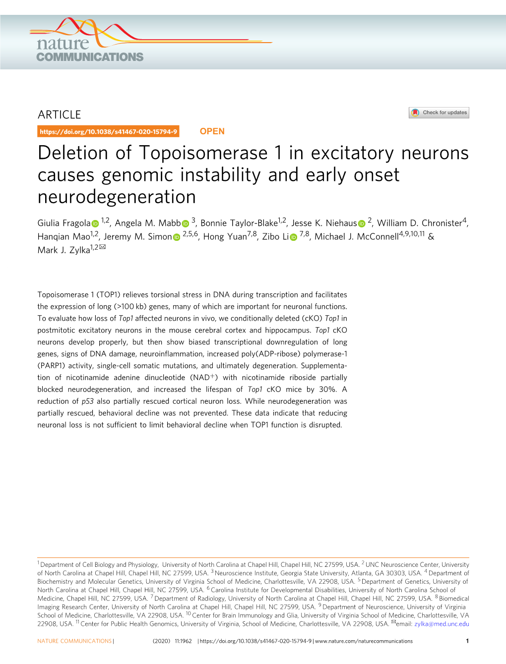 Deletion of Topoisomerase 1 in Excitatory Neurons Causes Genomic Instability and Early Onset Neurodegeneration