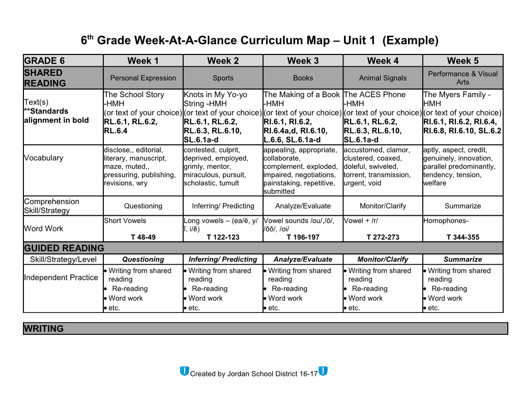 6Th Grade Week-At-A-Glance Curriculum Map Unit 1 (Example)