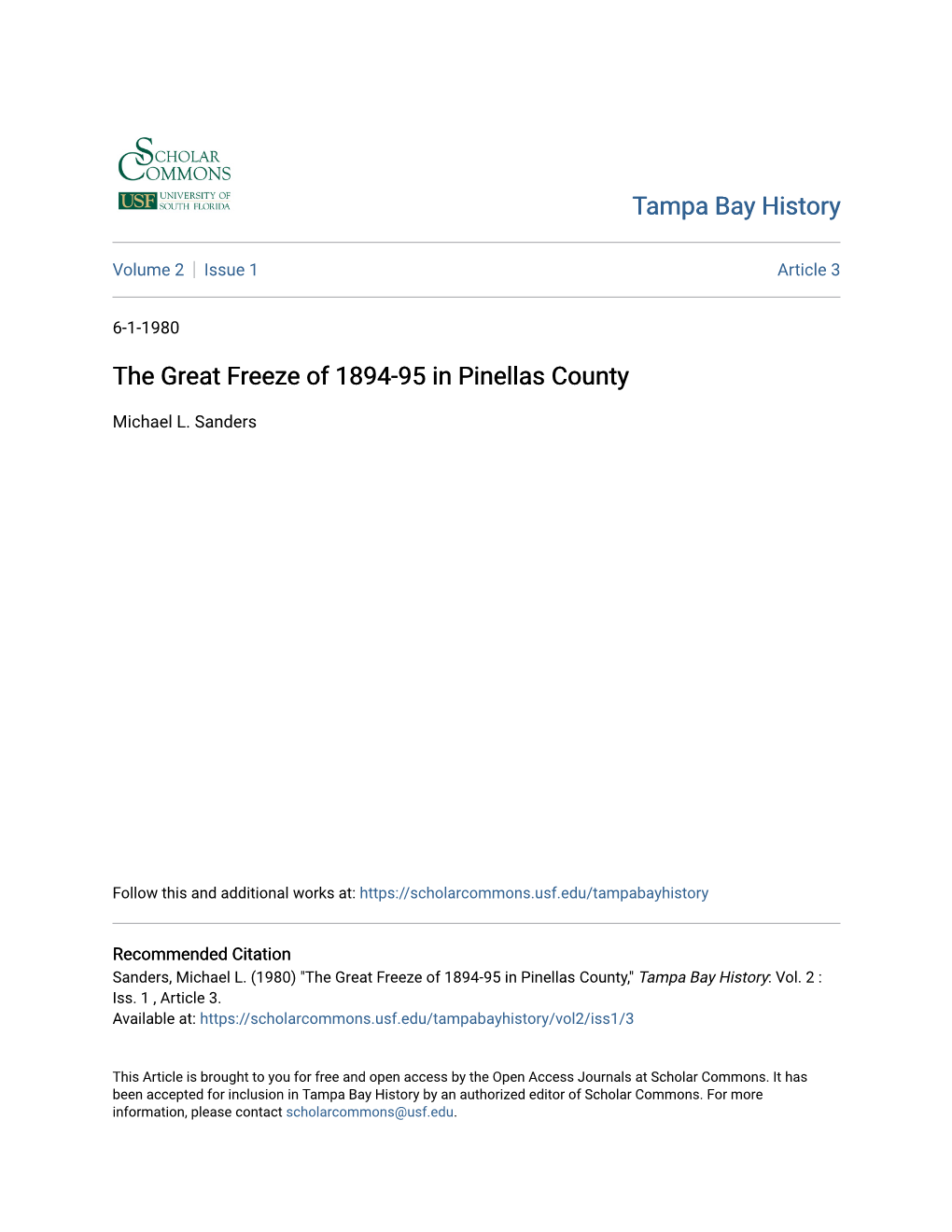 The Great Freeze of 1894-95 in Pinellas County