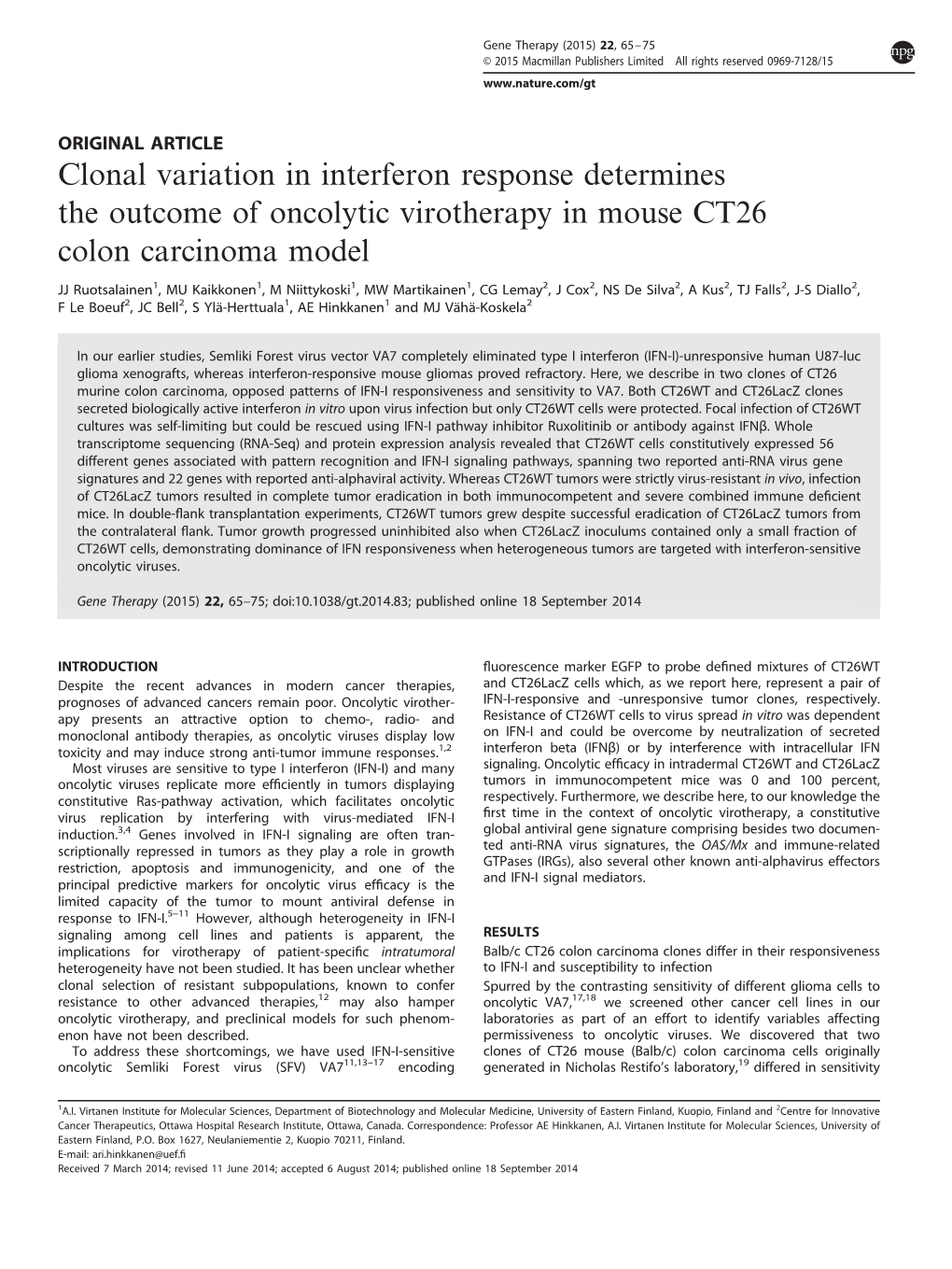 Clonal Variation in Interferon Response Determines the Outcome of Oncolytic Virotherapy in Mouse CT26 Colon Carcinoma Model