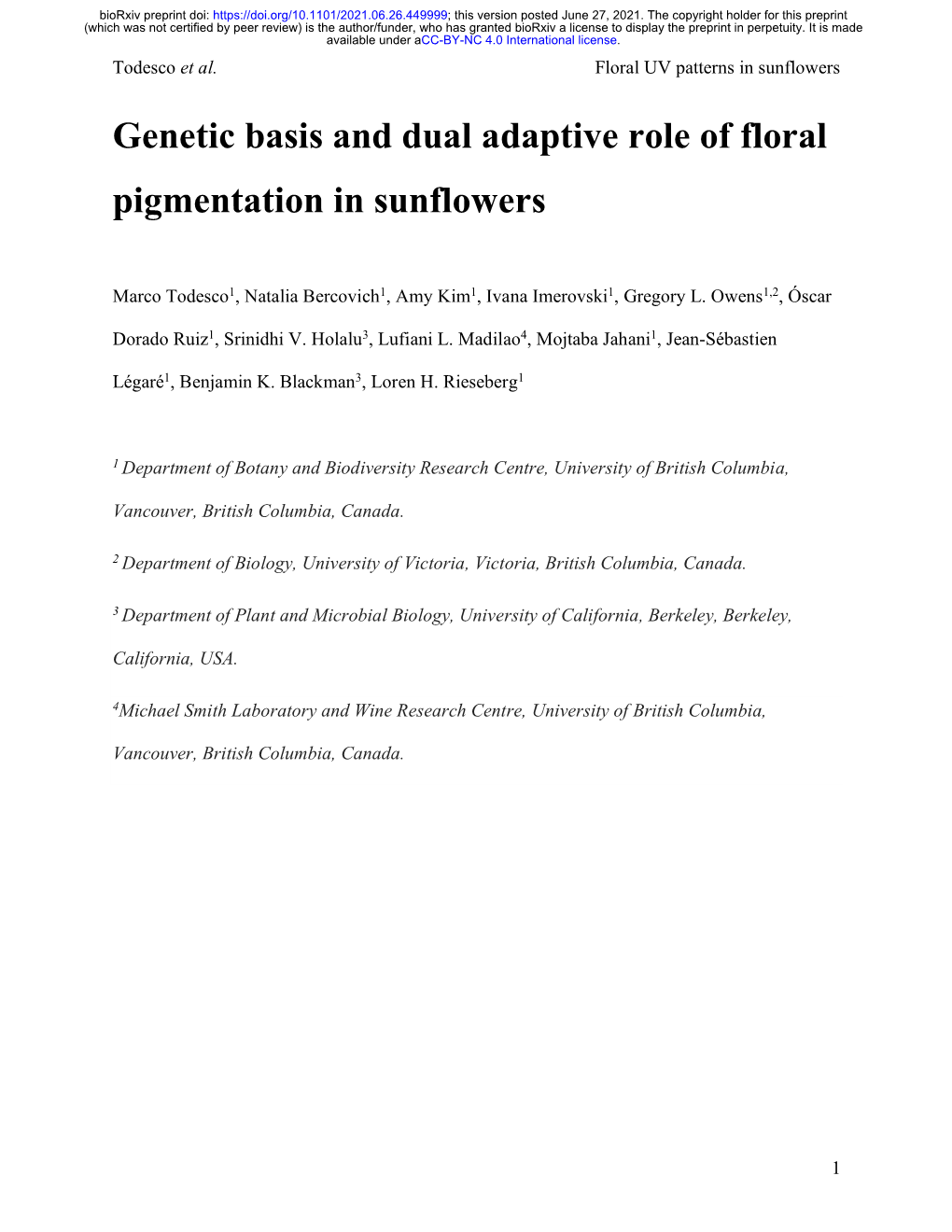 Genetic Basis and Dual Adaptive Role of Floral Pigmentation in Sunflowers