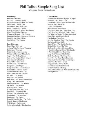 Phil Talbot Sample Song List C/O Jerry Bruno Productions