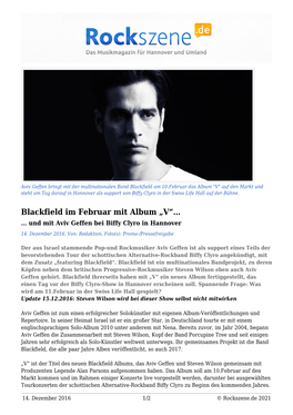 Blackfield Im Februar Mit Album „V“… … Und Mit Aviv Geffen Bei Biffy Clyro in Hannover