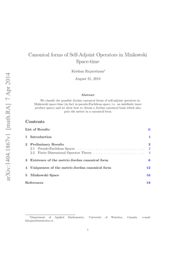 Canonical Forms of Self-Adjoint Operators in Minkowski Space-Time