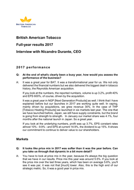 British American Tobacco Full-Year Results 2017 Interview with Nicandro Durante, CEO