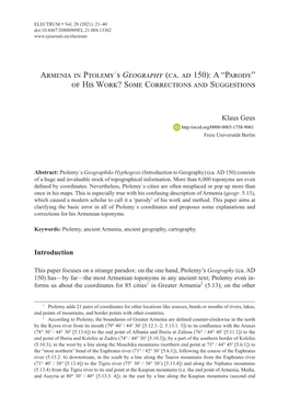 Armenia in Ptolemy's Geography (Ca. AD 150): a “Parody” of His Work? Some Corrections and Suggestions