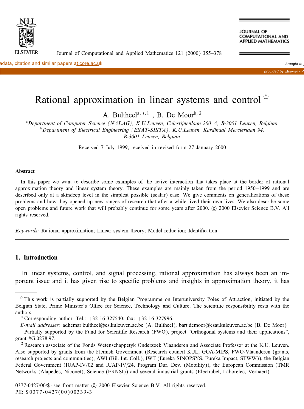 Rational Approximation in Linear Systems and Control ( A