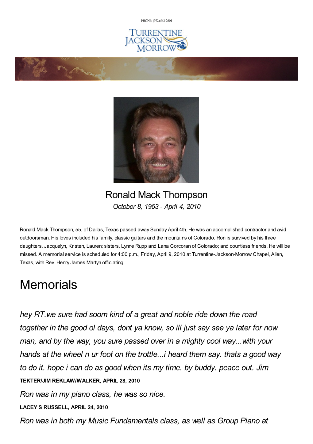 Ronald Mack Thompson October 8, 1953 - April 4, 2010