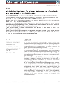 Global Distribution of Fin Whales Balaenoptera Physalus in the Post