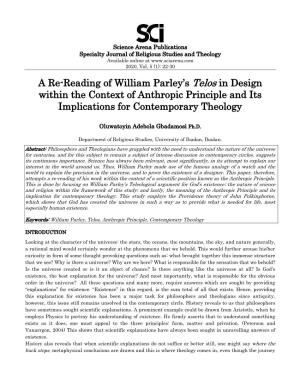A Re-Reading of William Parley's Telos in Design Within the Context of Anthropic Principle and Its Implications for Contempora