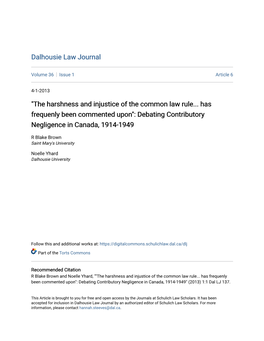 Debating Contributory Negligence in Canada, 1914-1949