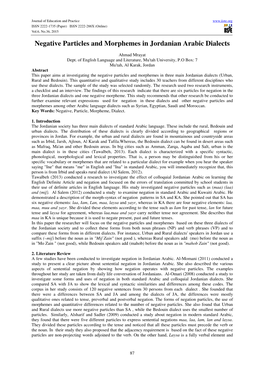 Negative Particles and Morphemes in Jordanian Arabic Dialects