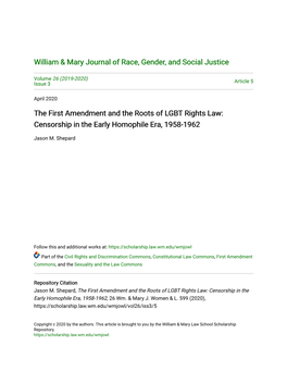 The First Amendment and the Roots of LGBT Rights Law: Censorship in the Early Homophile Era, 1958-1962