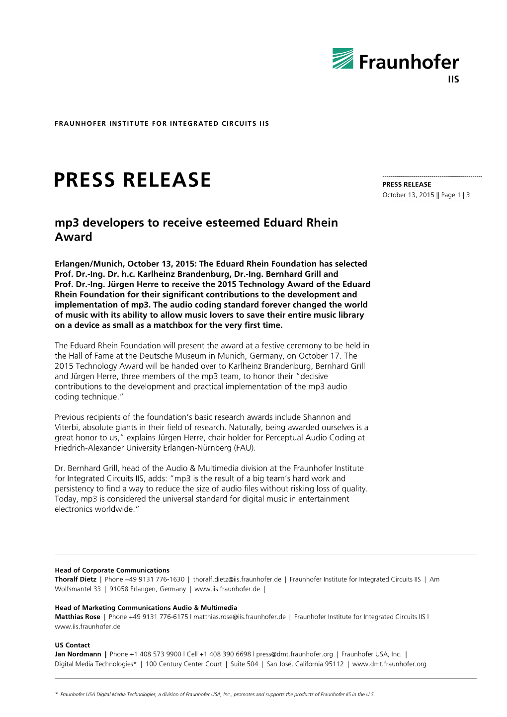 PRESS RELEASE PRESS RELEASE October 13, 2015 || Page 1 | 3