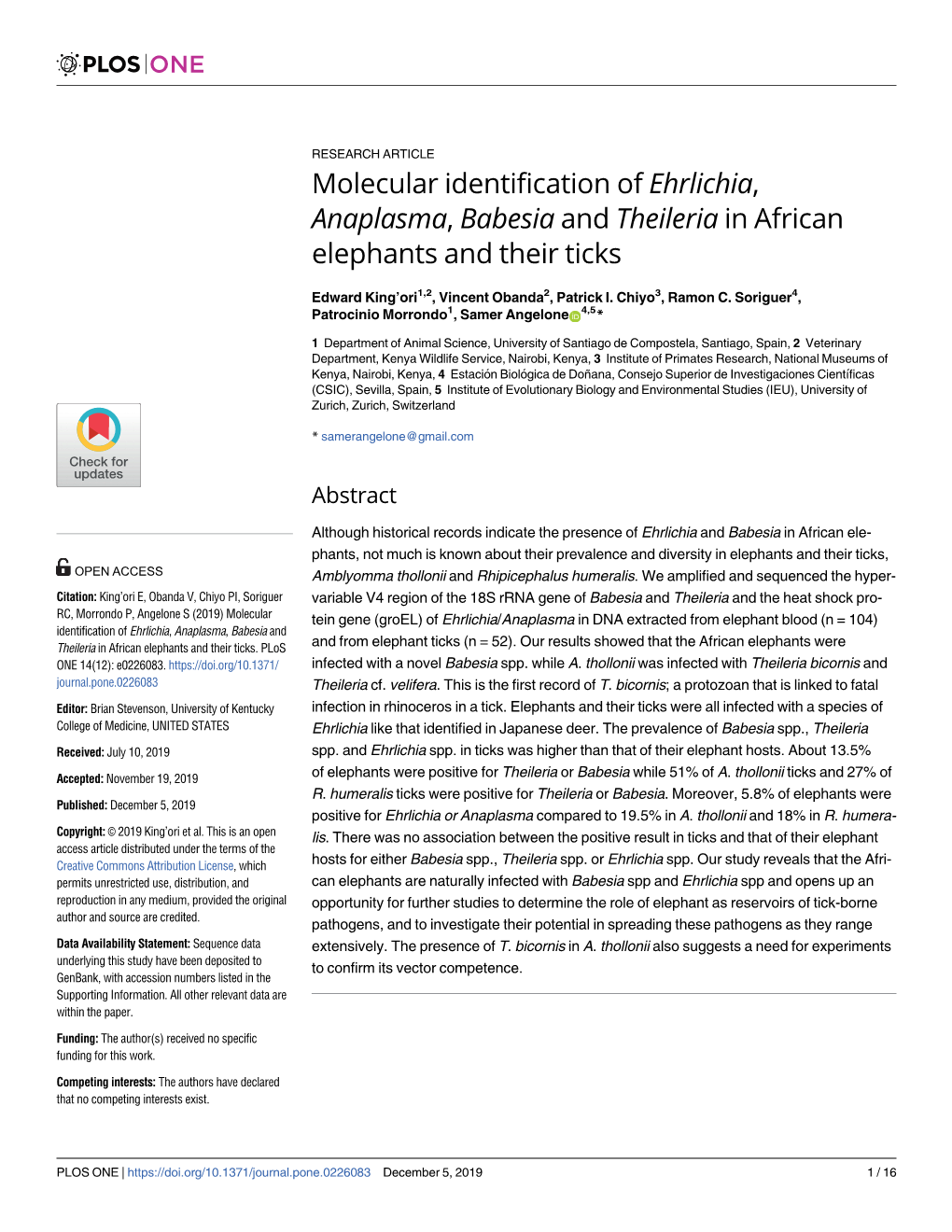 Molecular Identification of Ehrlichia, Anaplasma, Babesia and Theileria in African Elephants and Their Ticks