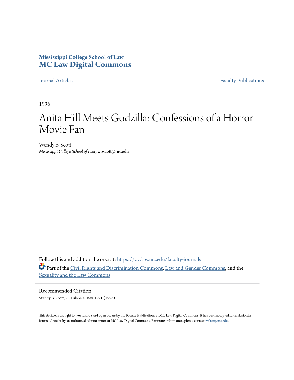 Anita Hill Meets Godzilla: Confessions of a Horror Movie Fan Wendy B
