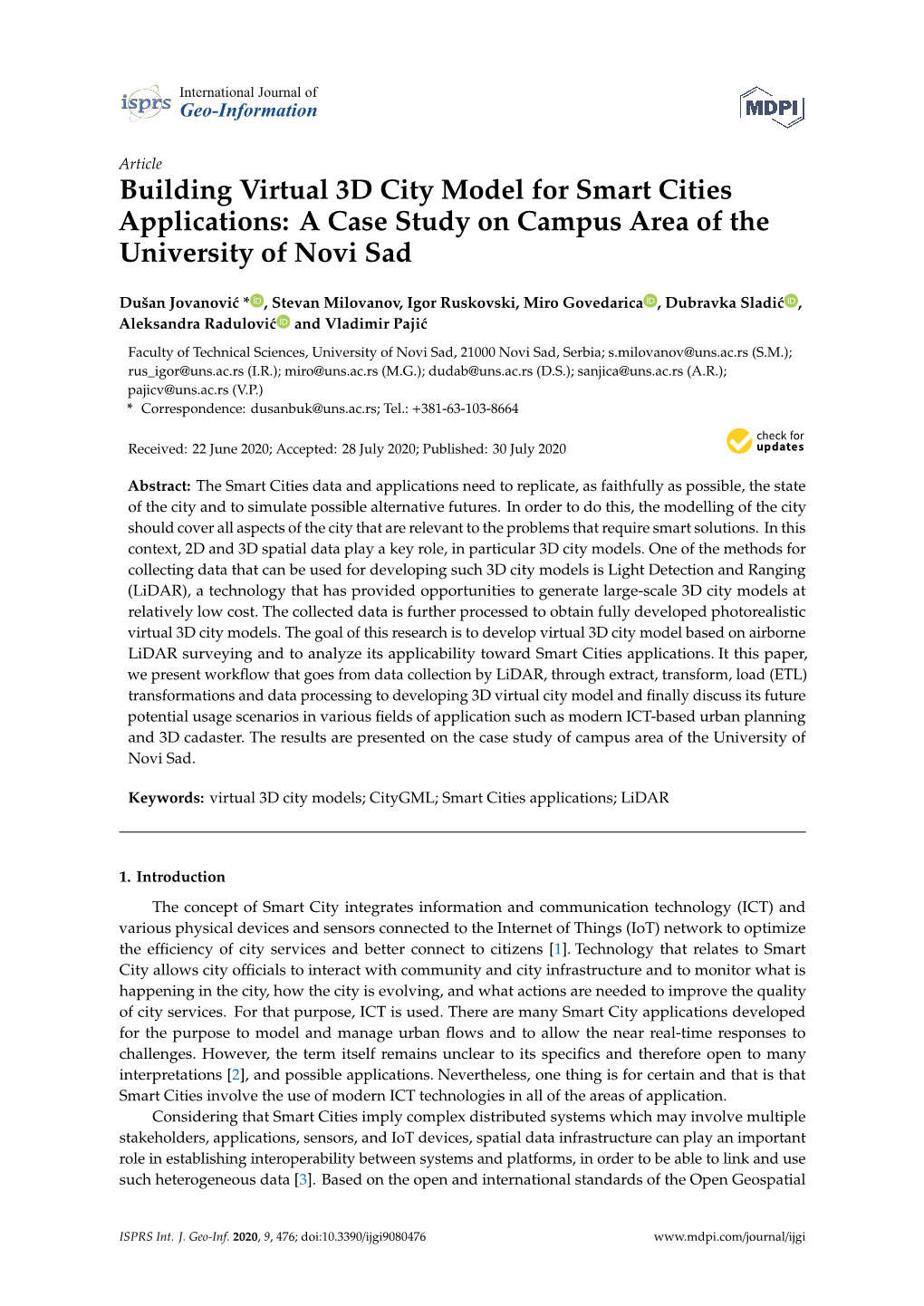 Building Virtual 3D City Model for Smart Cities Applications: a Case Study on Campus Area of the University of Novi Sad