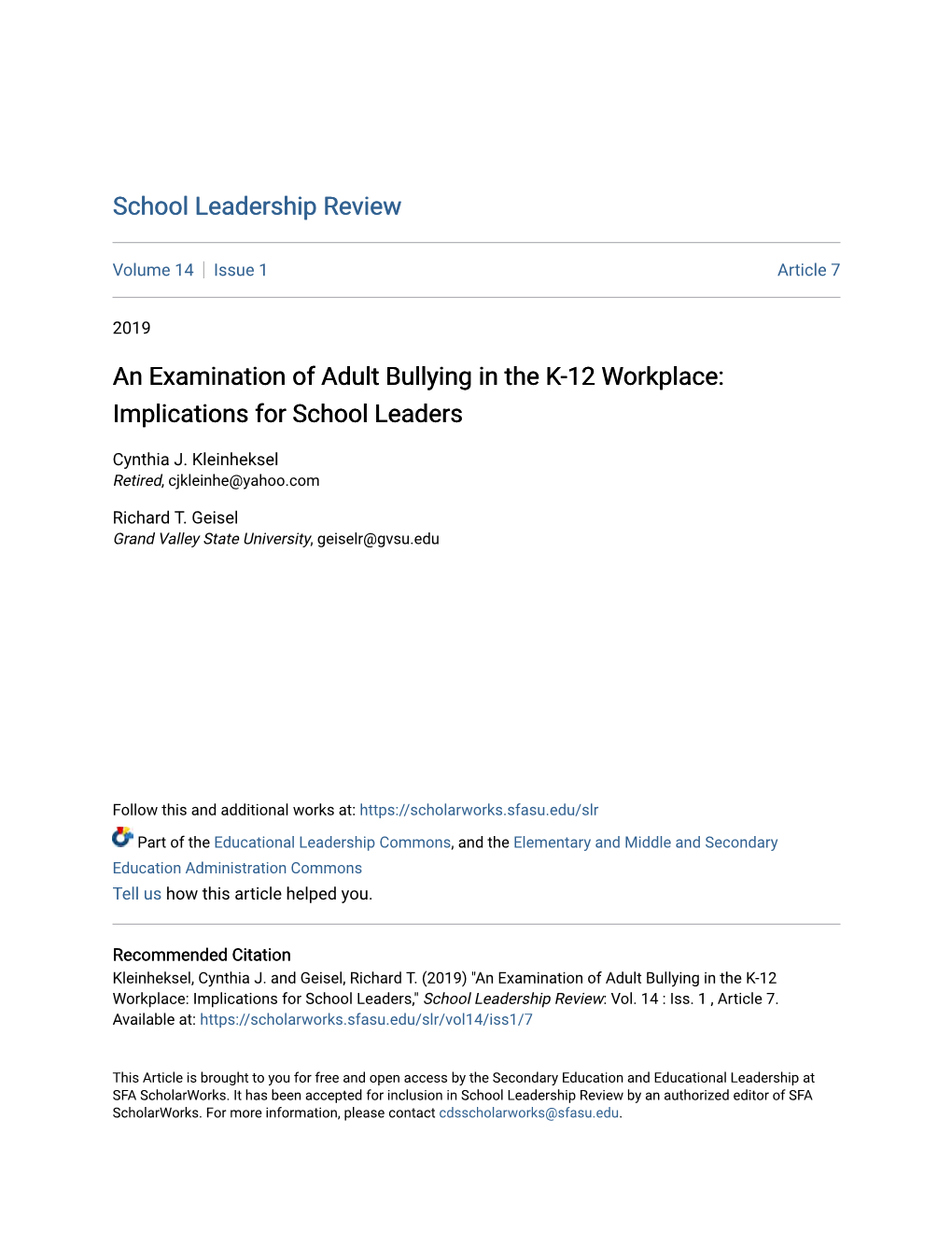 An Examination of Adult Bullying in the K-12 Workplace: Implications for School Leaders