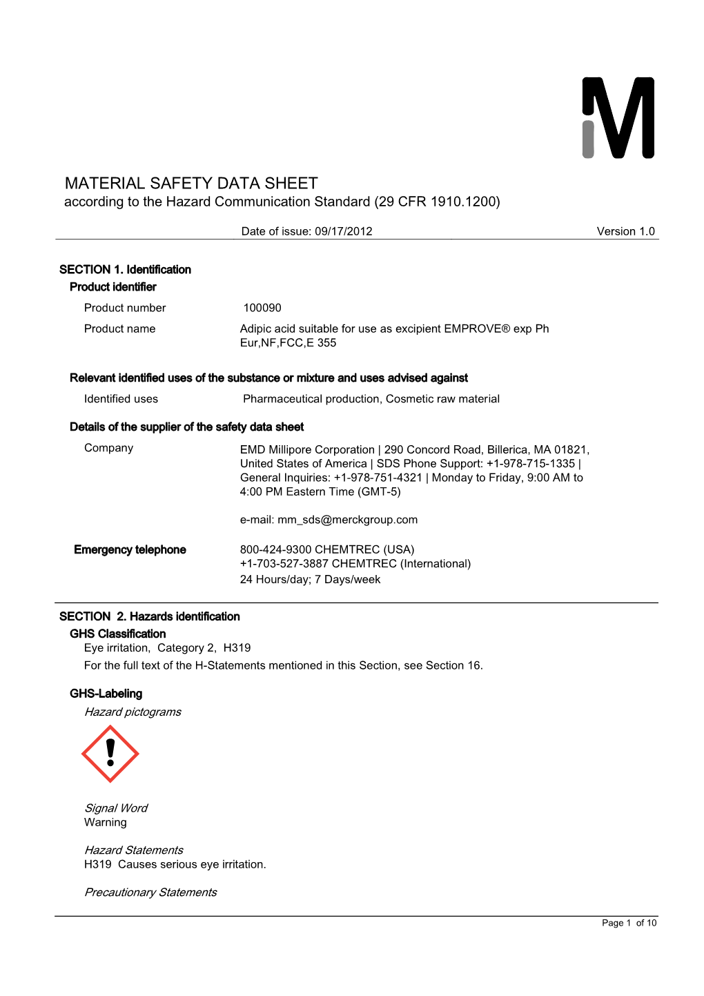 MATERIAL SAFETY DATA SHEET According to the Hazard Communication Standard (29 CFR 1910.1200)