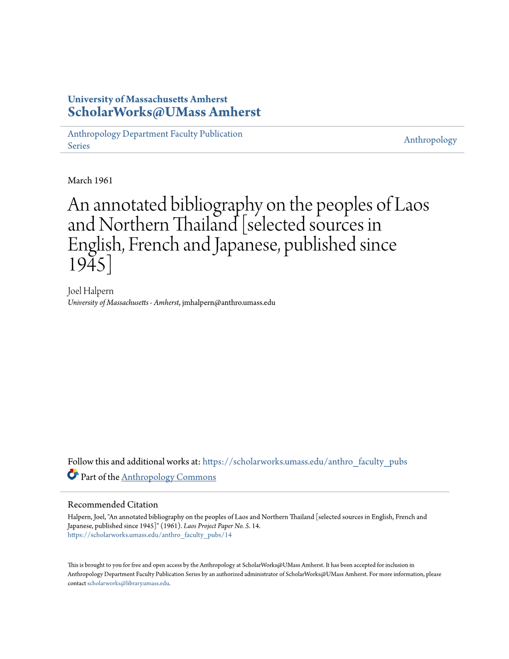 An Annotated Bibliography on the Peoples of Laos and Northern