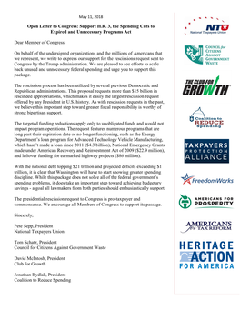 Open Letter to Congress: Support H.R. 3, the Spending Cuts to Expired and Unnecessary Programs Act