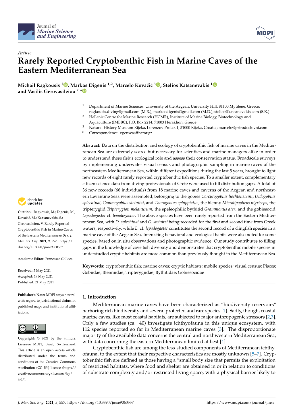 Rarely Reported Cryptobenthic Fish in Marine Caves of the Eastern Mediterranean Sea